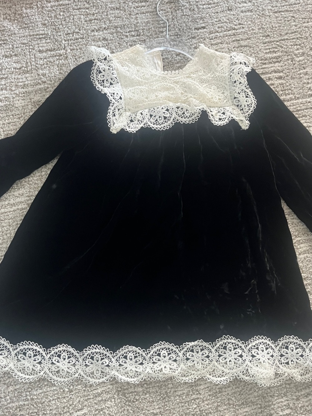 Black Velvet Kids Nightdress with White Lace Trim